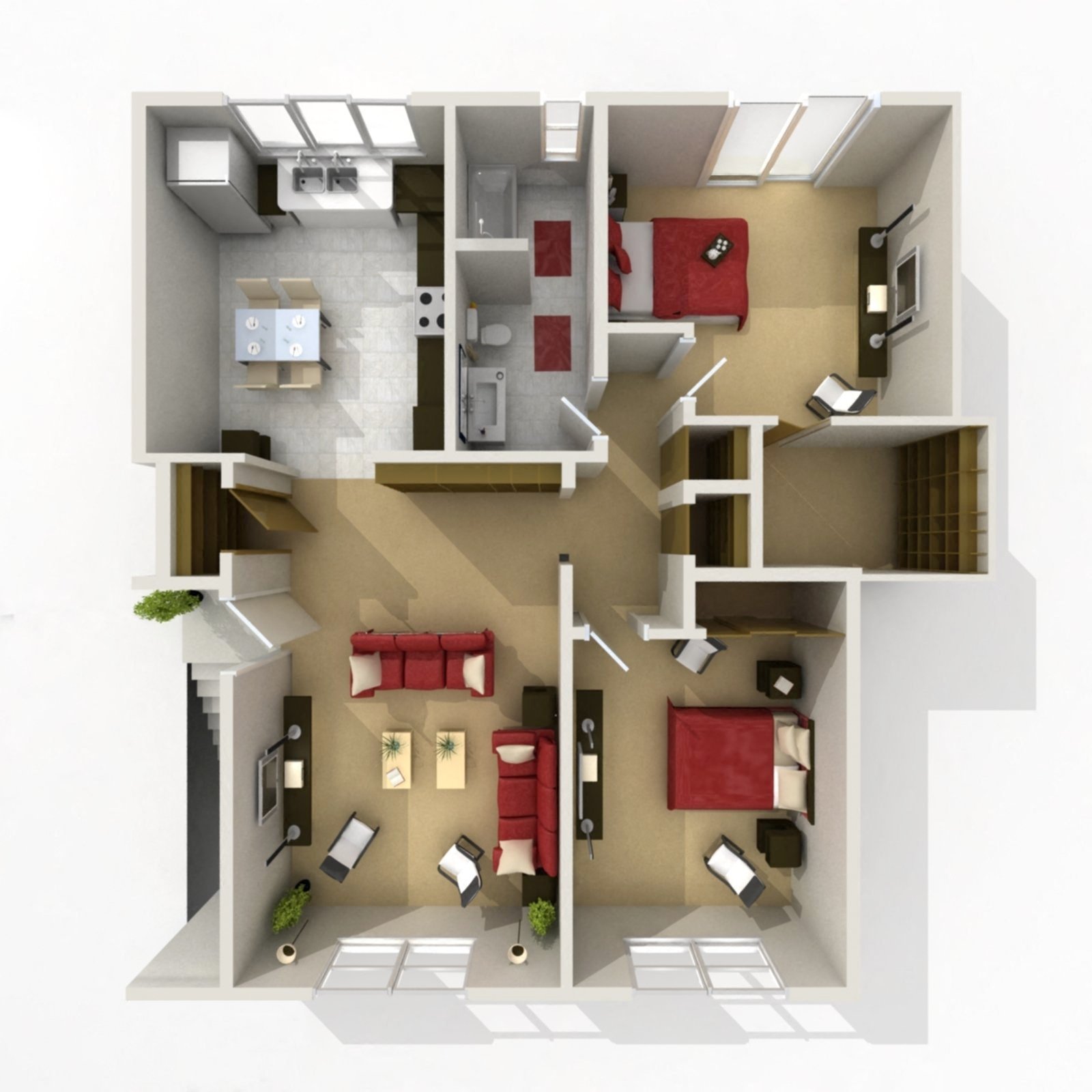 Floor plan for 2 beds, 1 bath, 902 sqft